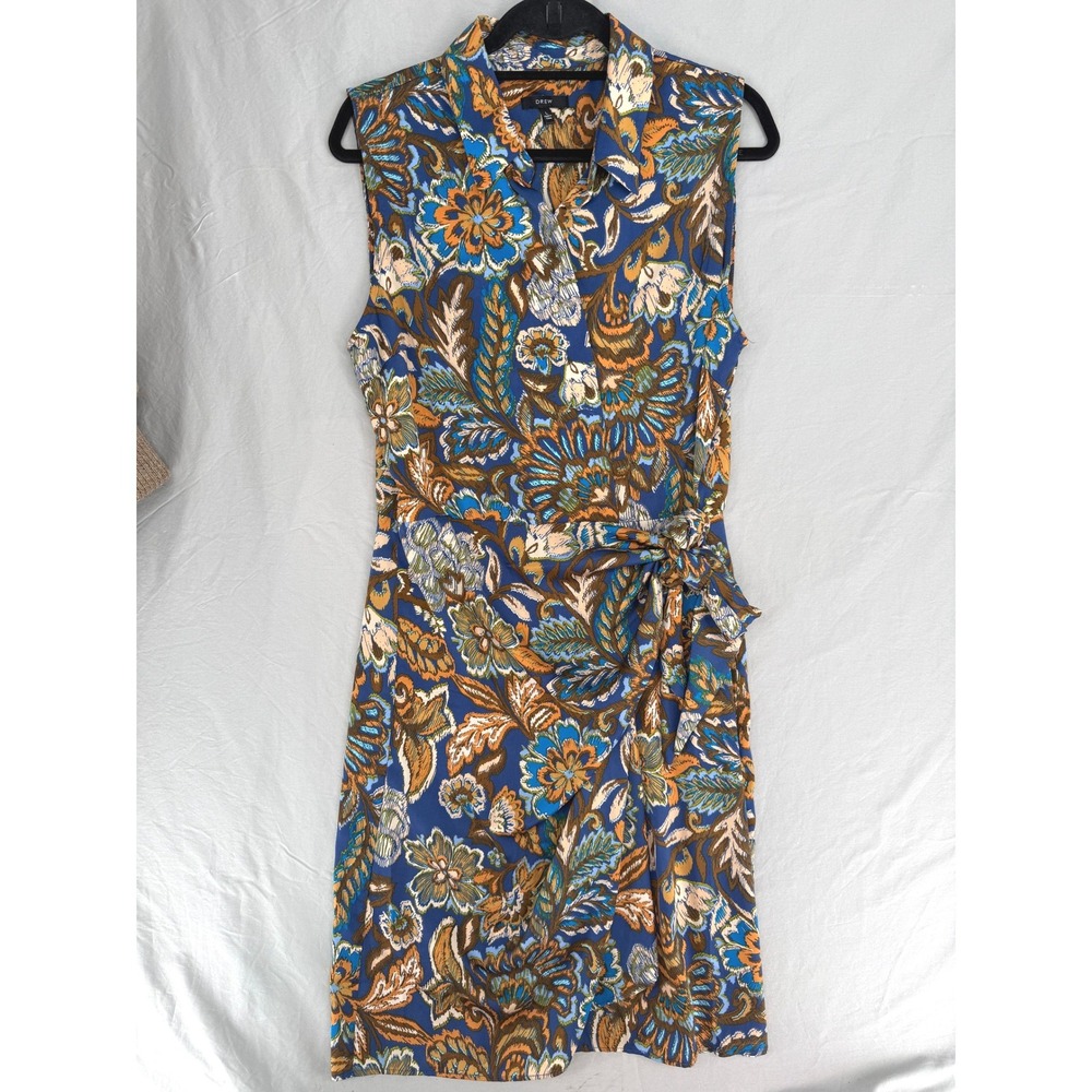 DREW Womens Blue Paisley Floral Sleeveless Faux Wrap Midi Dress Large Snap Front